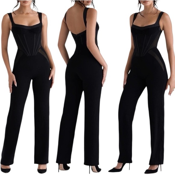 House of CB Black Large Corset Style Sheer Mesh Panel Sexy Formal Jumpsuit - Picture 1 of 9